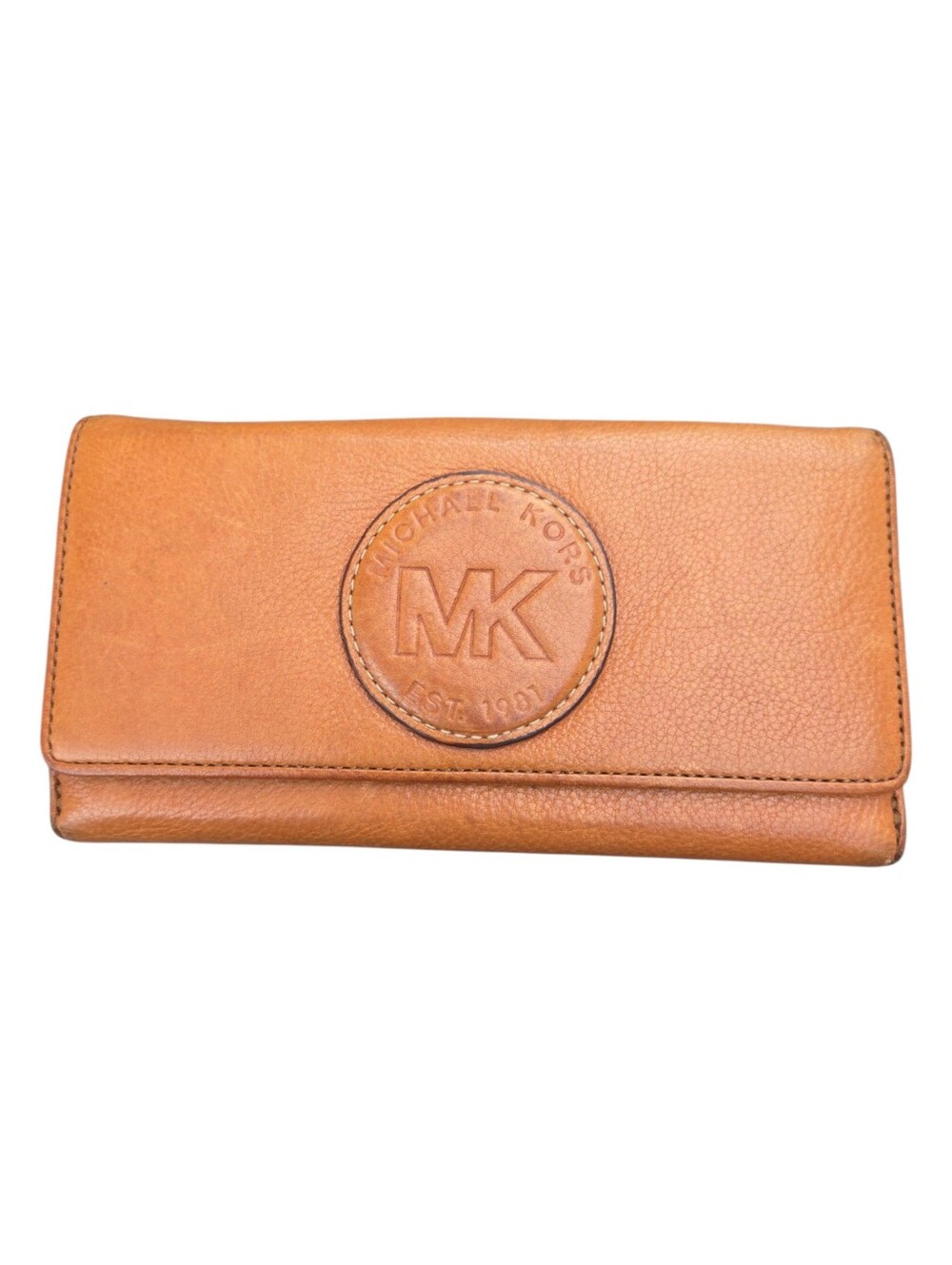 Michael Kors Cognac Leather MK Embossed Medallion Continental Buckled Wallet